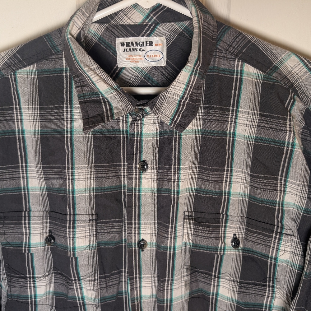 Wrangler Cowboy Men's Size XL Black/Grey/Teal Plaid Long Sleeve Button Up